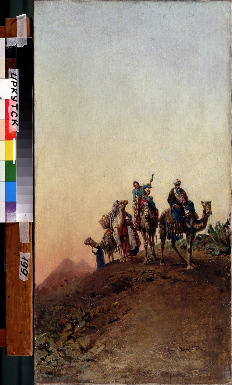 Velbloudi poblíž pyramid v Gíze (Gizeh, Gizeh, Gíza) (Káhira, Egypt). (Velbloudi poblíž pyramid). Obraz Nikolaje Jegoroviče Makovského (1842-1886), olej na plátně od Nikolai Yegorovich Makovsky