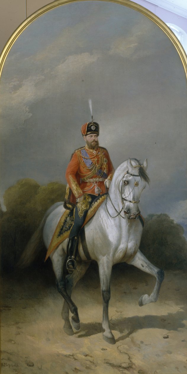 Portrét císaře Alexandra III. 1845-1894 v uniformě husarského pluku Leibovy gardy, 1881 od Nikolai Yegorovich Sverchkov