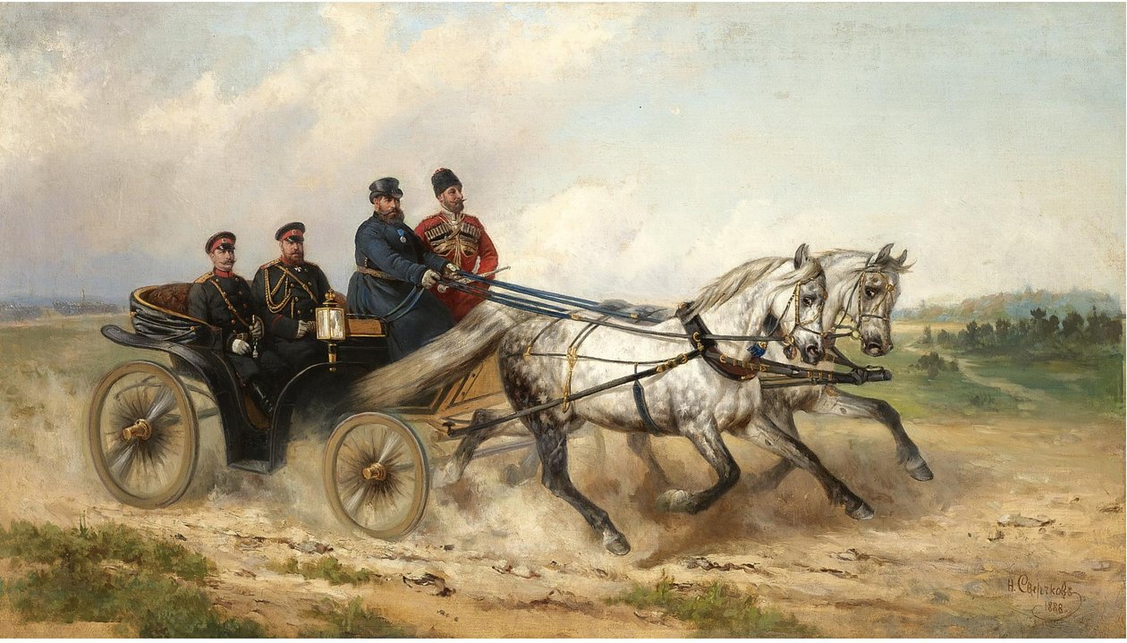 Car Alexander III a Kaiser Wilhelm II v landau, 1888 od Nikolai Yegorovich Sverchkov