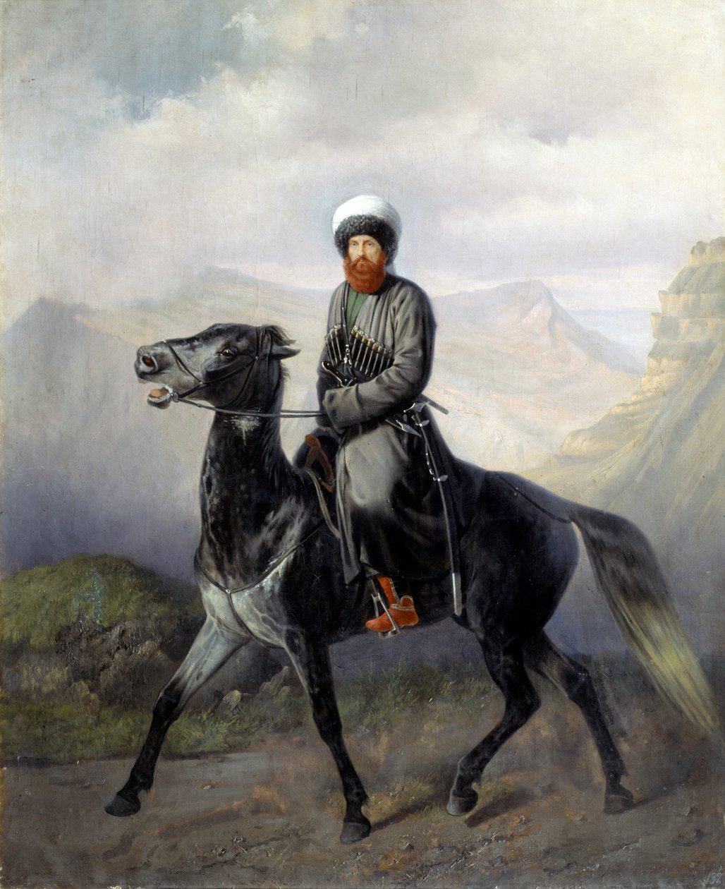Portrait equestre de Chamil (Imám Chamil, Shamil) (1797-1871), šéfkuchař des tribus musulmanes du Caucase nord (Portrét politického a náboženského vůdce muslimských kmenů severního Kavkazu imáma Šamila) - Peinture de Nikolai Yegorovič Sverchov od Nikolai Yegorovich Sverchov