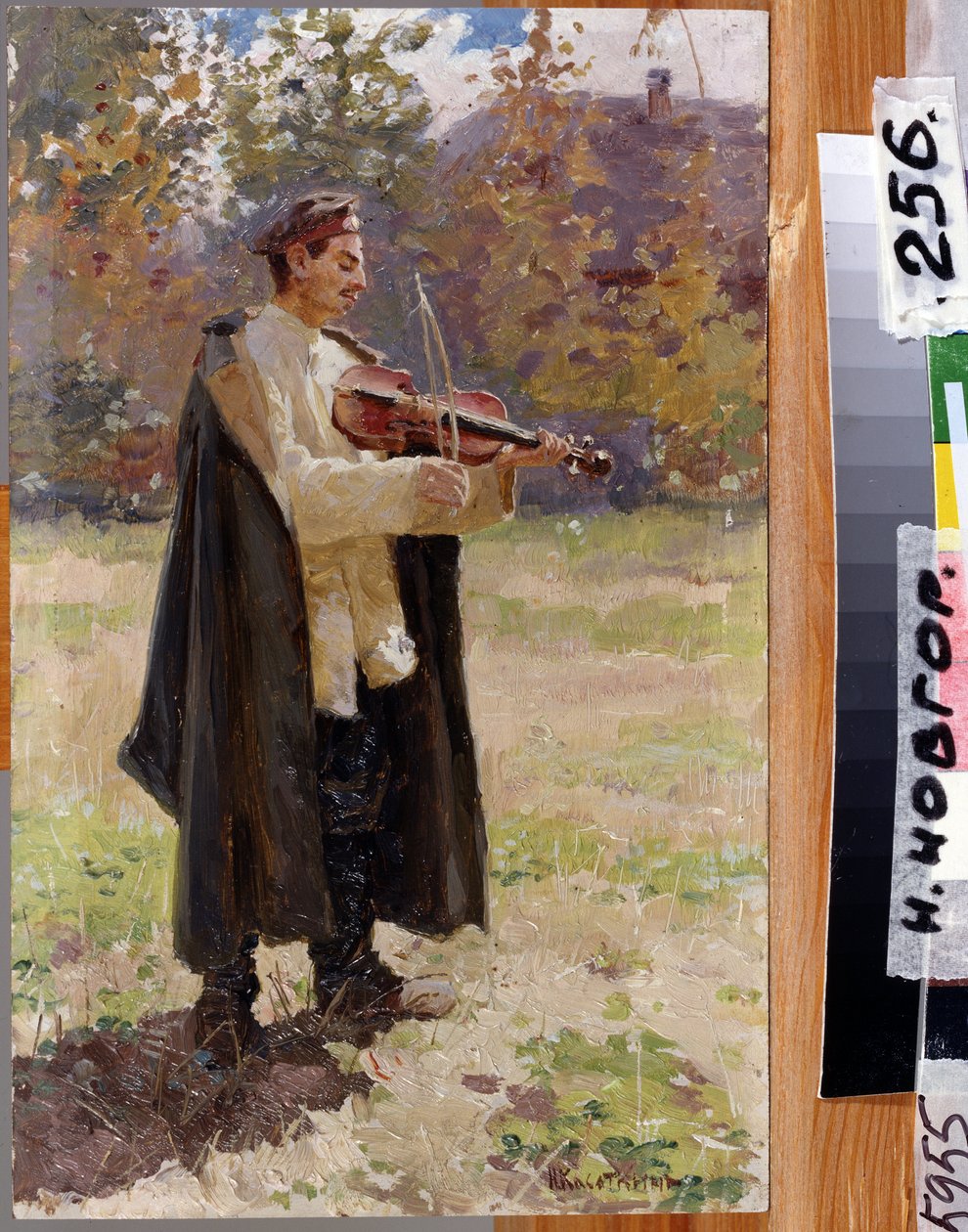 House píseň. Voják hrající na housle. (Domácí píseň. Voják hrající na housle). Obraz Nikolaje Alexejeviče Kasatkin (Kasatkin) (1859-1930), olej na plátně od Nikolaj Alekseevich Kasatkin