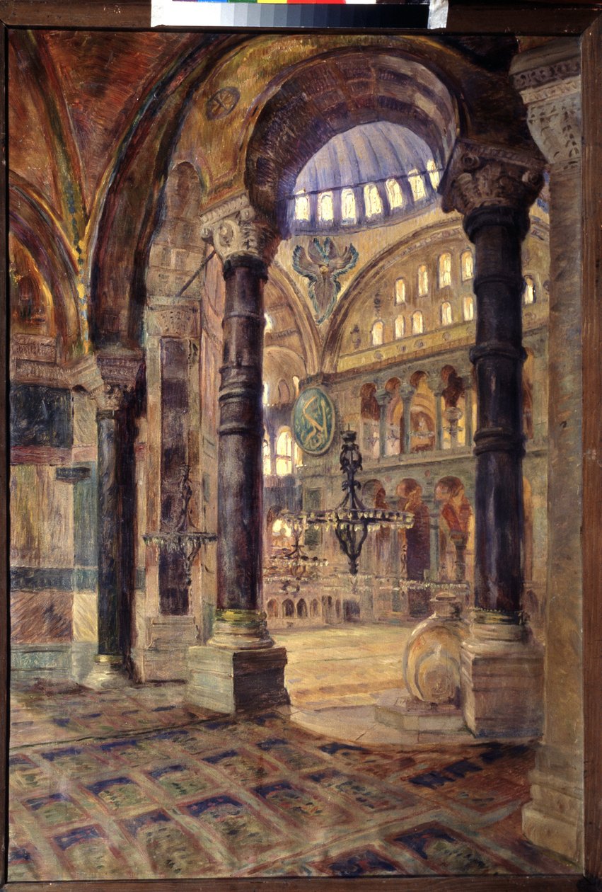 Hagia Sophia (Hagia Sophia) v Konstantinopoli (Istanbul, Turecko) (Hagia Sophia v Konstantinopoli). Vnitřní pohled na mešitu, byzantská architektura. Obraz Nikolaje Alexejeviče Kasatkina (Kasatkine) (1859-1930), olej na plátně, konec 19. století. Umění od Nikolaj Alekseevich Kasatkin