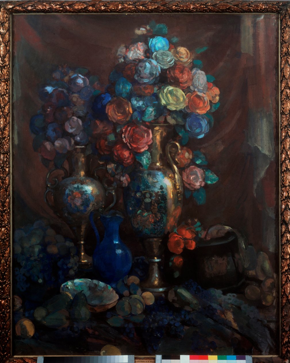 Nature morte (Vázy, květiny a ovoce) - Zátiší (Vázy, květiny a ovoce) - Umělecké dílo Nikolaje Nikolajeviče Sapunova (Sapunova) (1880-1912), tempera na plátně od Nikolaj Nikolaevic Sapunov