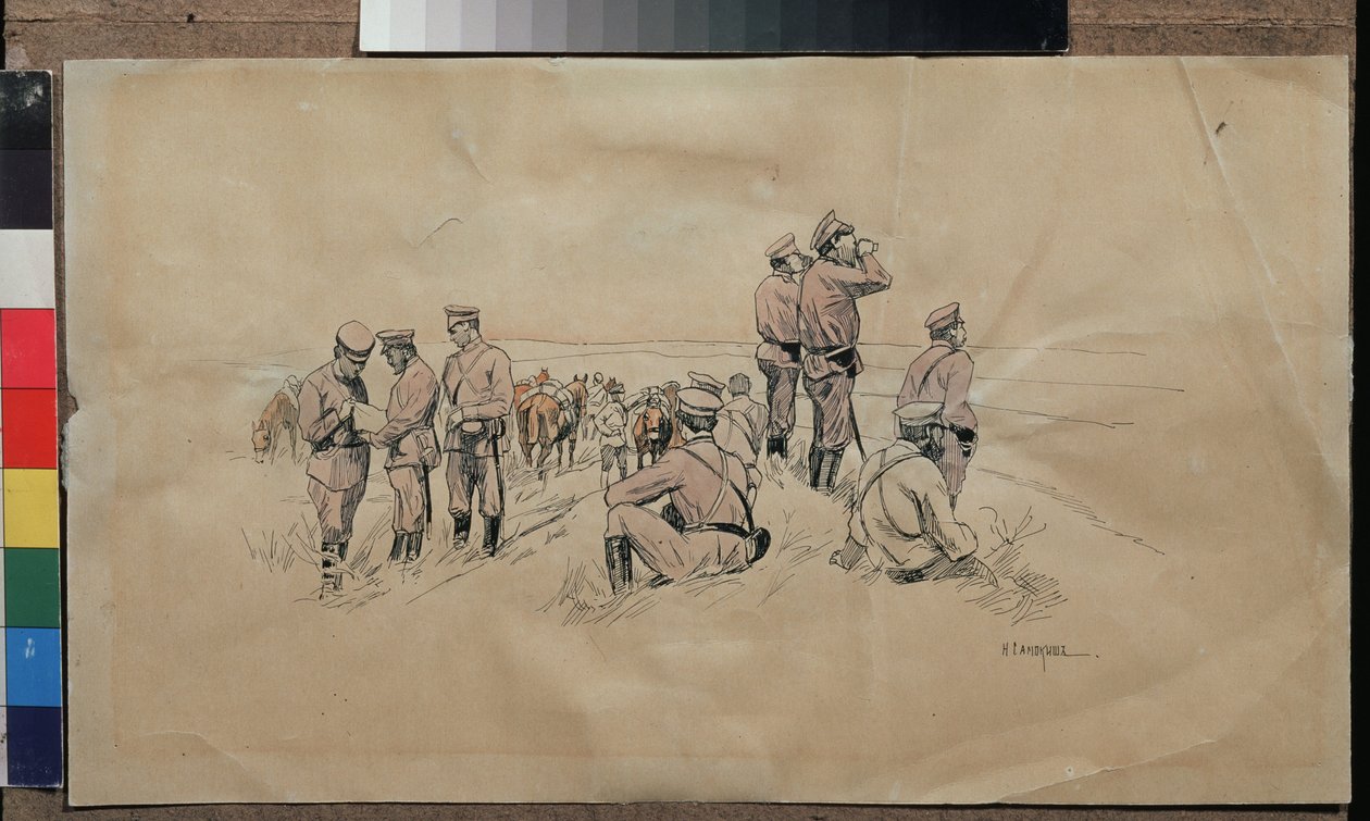 Zbytek jízdní jednotky. Dílo Nikolaje Semjonoviče Samokiše (1860-1944), akvarel a tuš na papíře, kolem roku 1915. Ruské umění, 20. stol. State United Art Museum, Kostroma (Rusko). od Nikolaj Semenovic Samokis