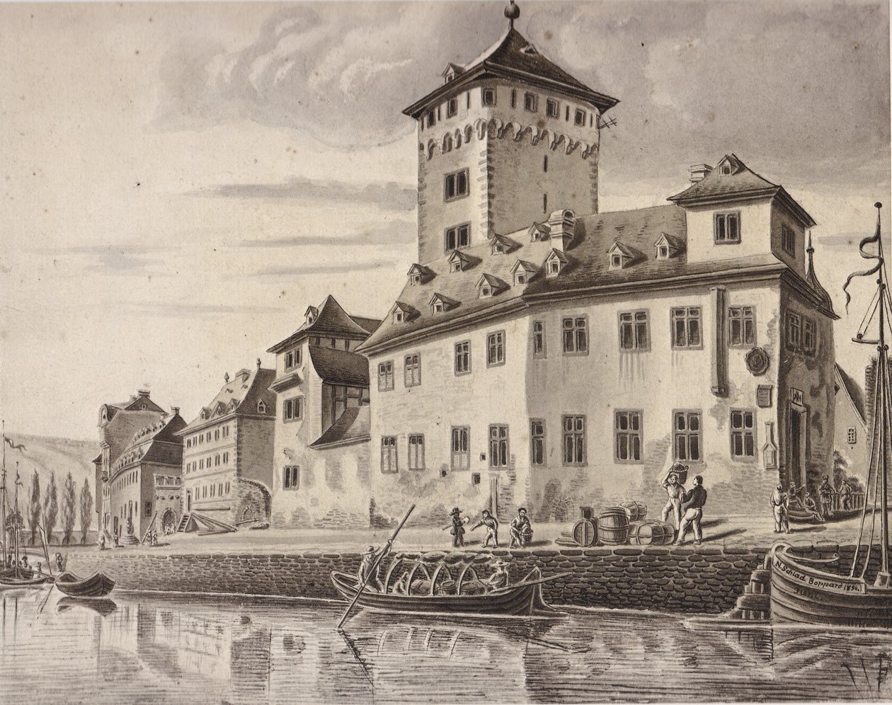 Hrad - rýnská fronta na volební hrad Boppard kolem roku 1854 od Nikolaus Schlad