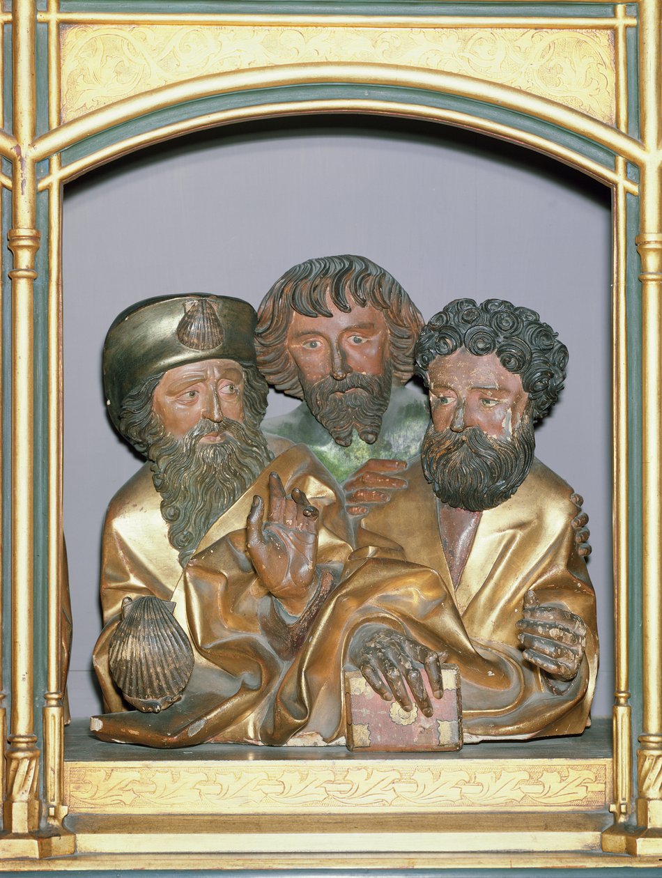 Dřevořezby sv. Jakuba Většího, sv. Šimona a sv. Tadeáše z predely Isenheimského oltáře, kolem roku 1490 (malované dřevo) od Nikolaus Hagenauer