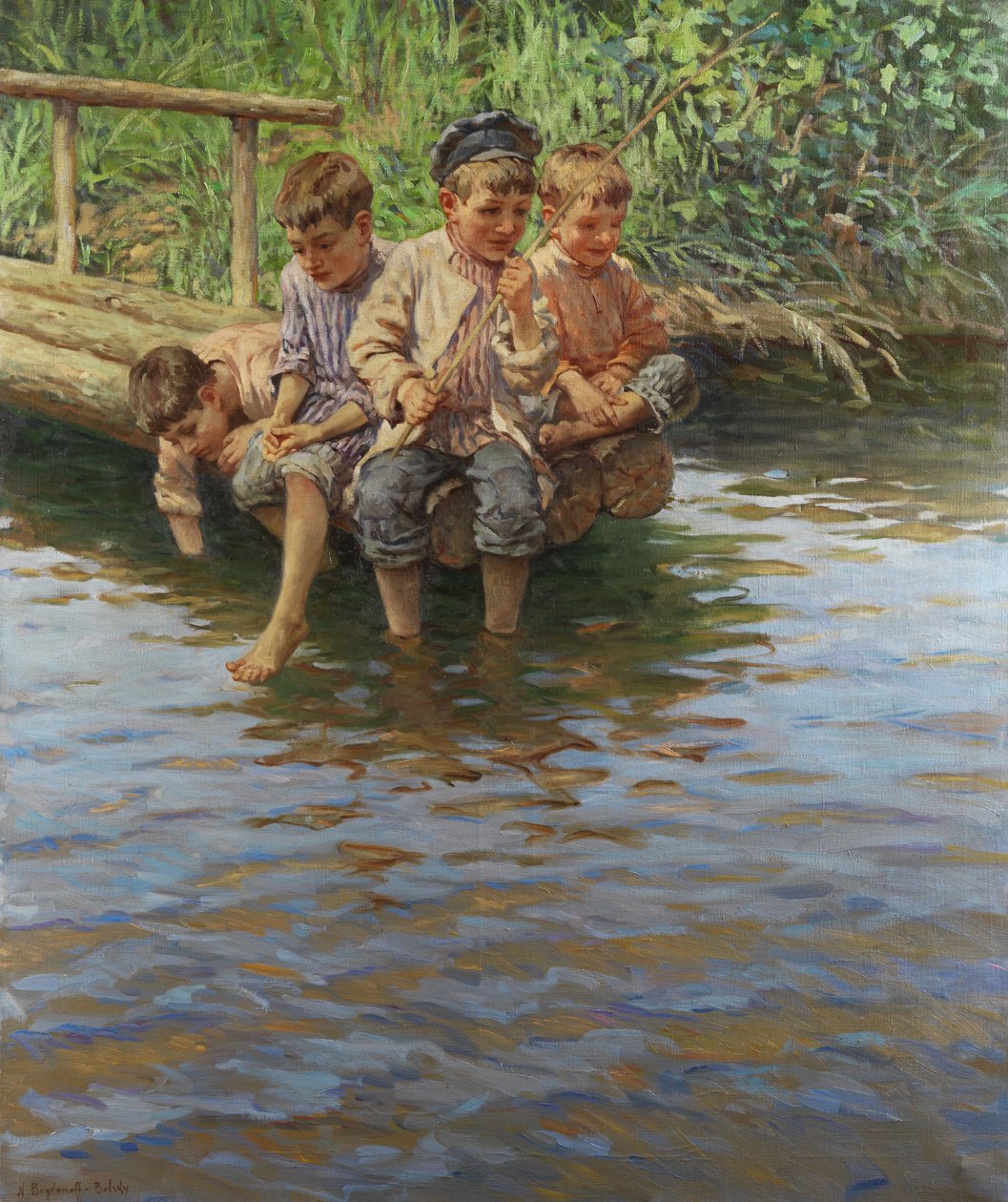 Čtyři chlapci na břehu mola při rybaření od Nikolay Bogdanov Belsky