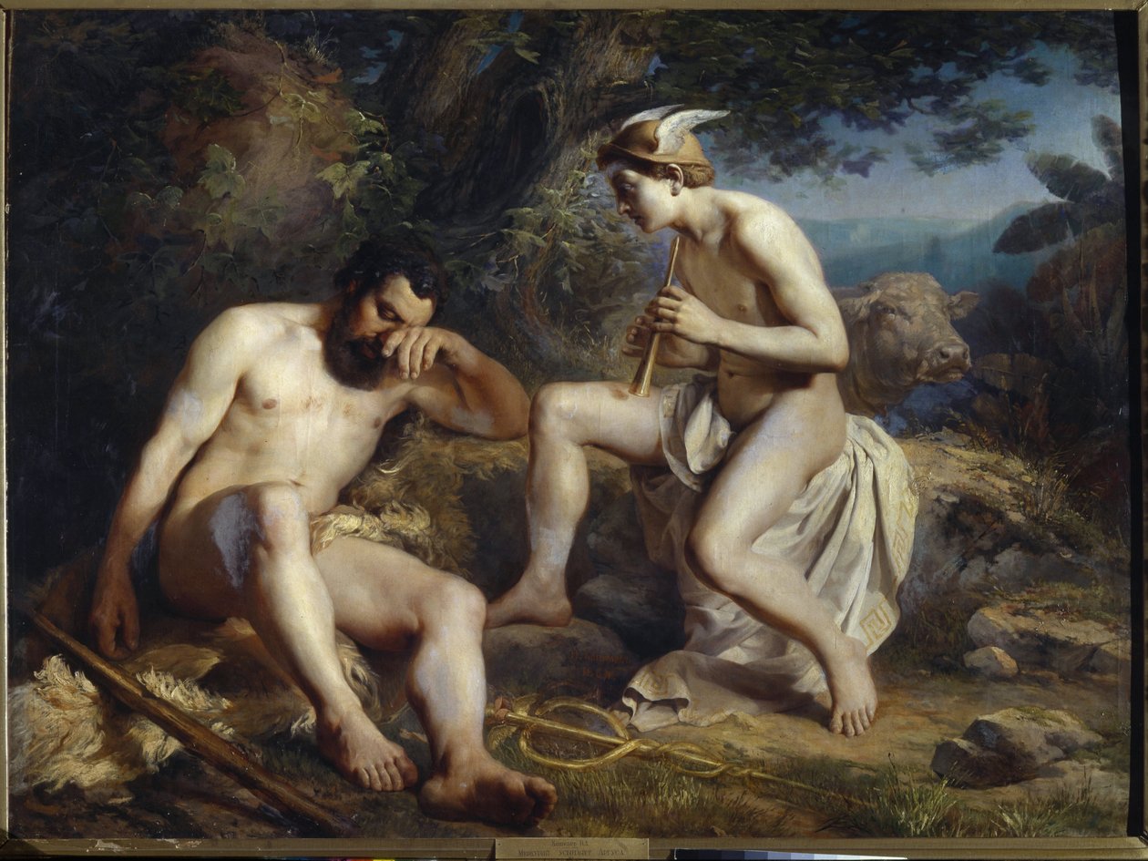 Merkur a Argus - Merkur uspávající Argus ke spánku - Košelev, Nikolaj Andrejevič (1840-1918) - 1864 - Olej na plátně - 138x179 - Muzeum výtvarných umění Akademie, Petrohrad. Petrohrad od Nikolay Andreyevich Koshelev