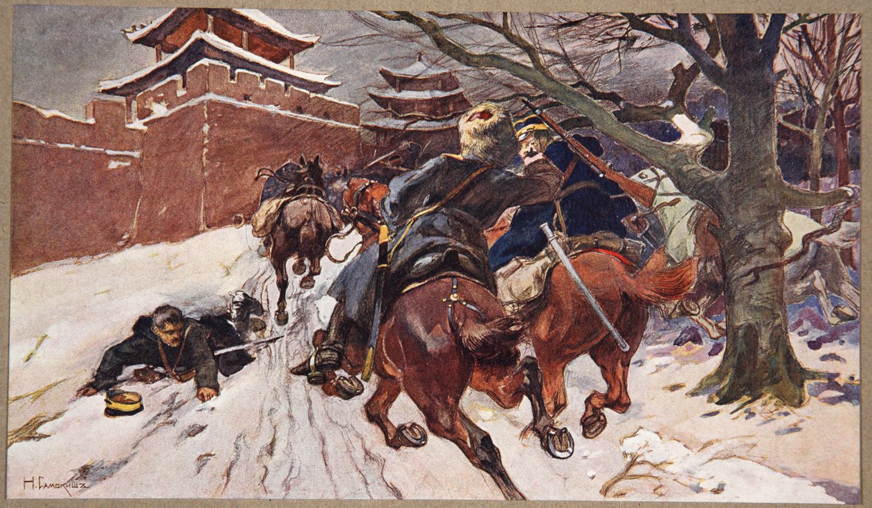 Zásah kavalérie na předměstí Moukden, ilustrace z 