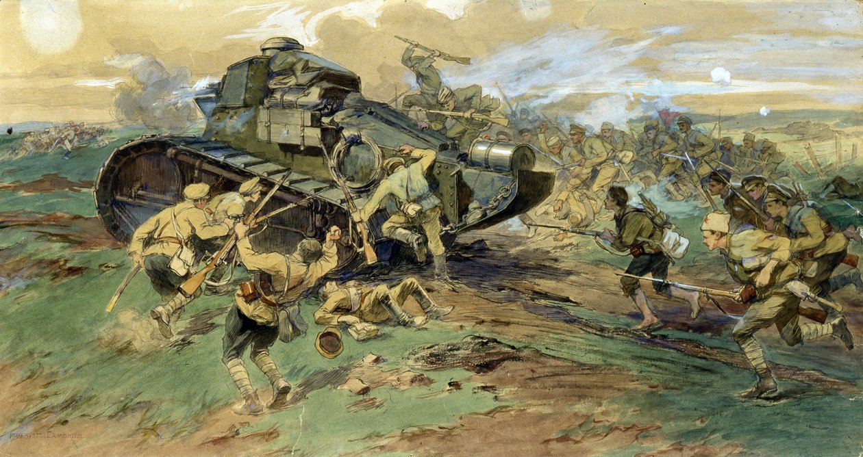 Zajetí tanku na Krymu. Bitevní scéna během ruské občanské války (1917-1923), kde stála proti Bílé armádě a Rudým gardám. Dílo Nikolaje Semjonoviče Samokiše (1860-1944), akvarel na papíře od Nikolay Semenovich Samokish