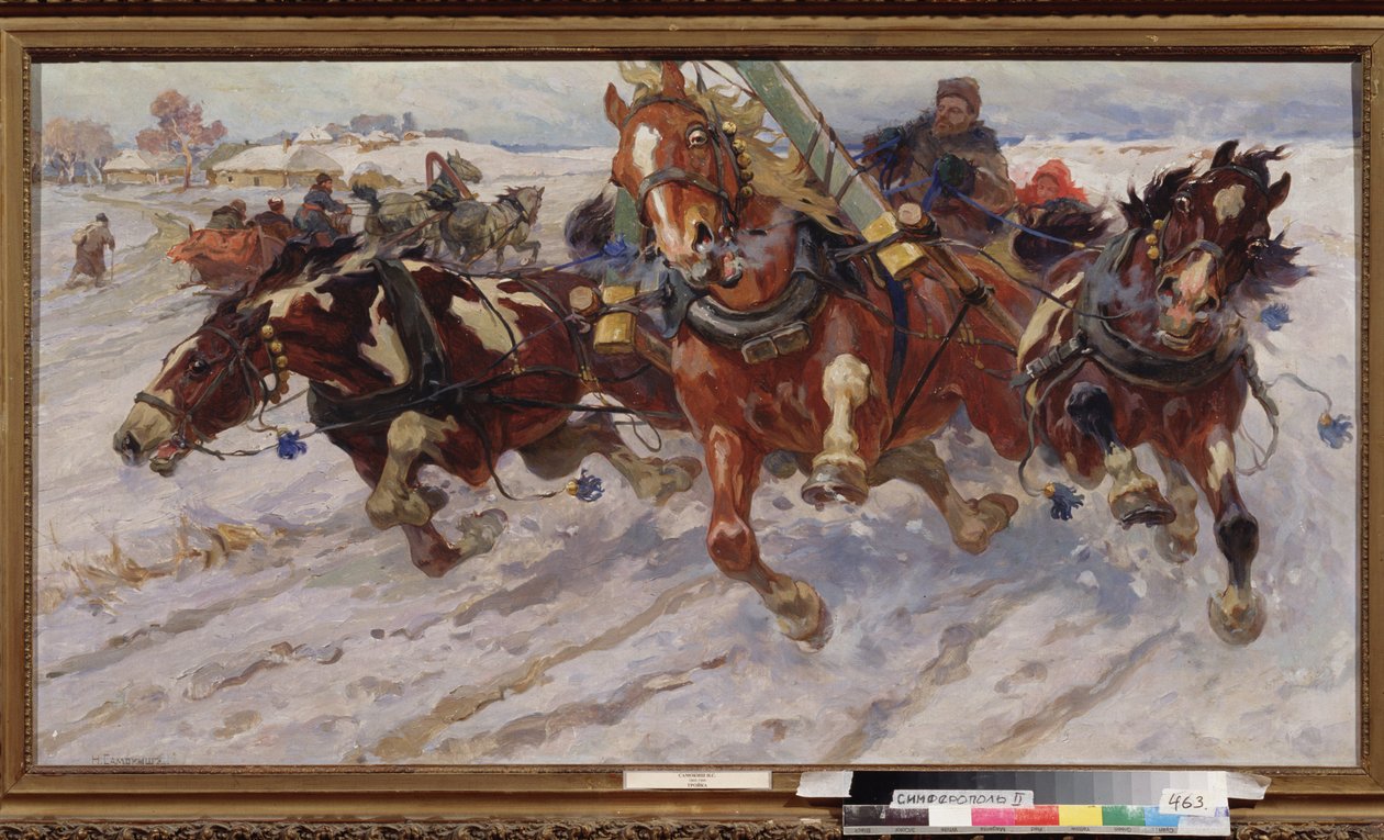 Trojka (sáně se třemi koňmi). Obraz Nikolaje Semjonoviče Samokiše (1860-1944), olej na plátně od Nikolay Semenovich Samokish