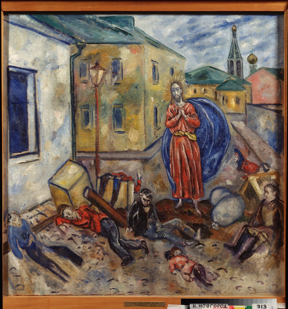 Barikáda (Kristus se objevuje u těl mrtvých a zraněných dětí ležících na ulici, za zbytky barikády nábytku) - Obraz Nikolaje Vladimiroviče Sinezubova (Nicolas Sinezouboff) (1891-1956), olej na plátně od Nikolay Vladimirovic Sinezubov