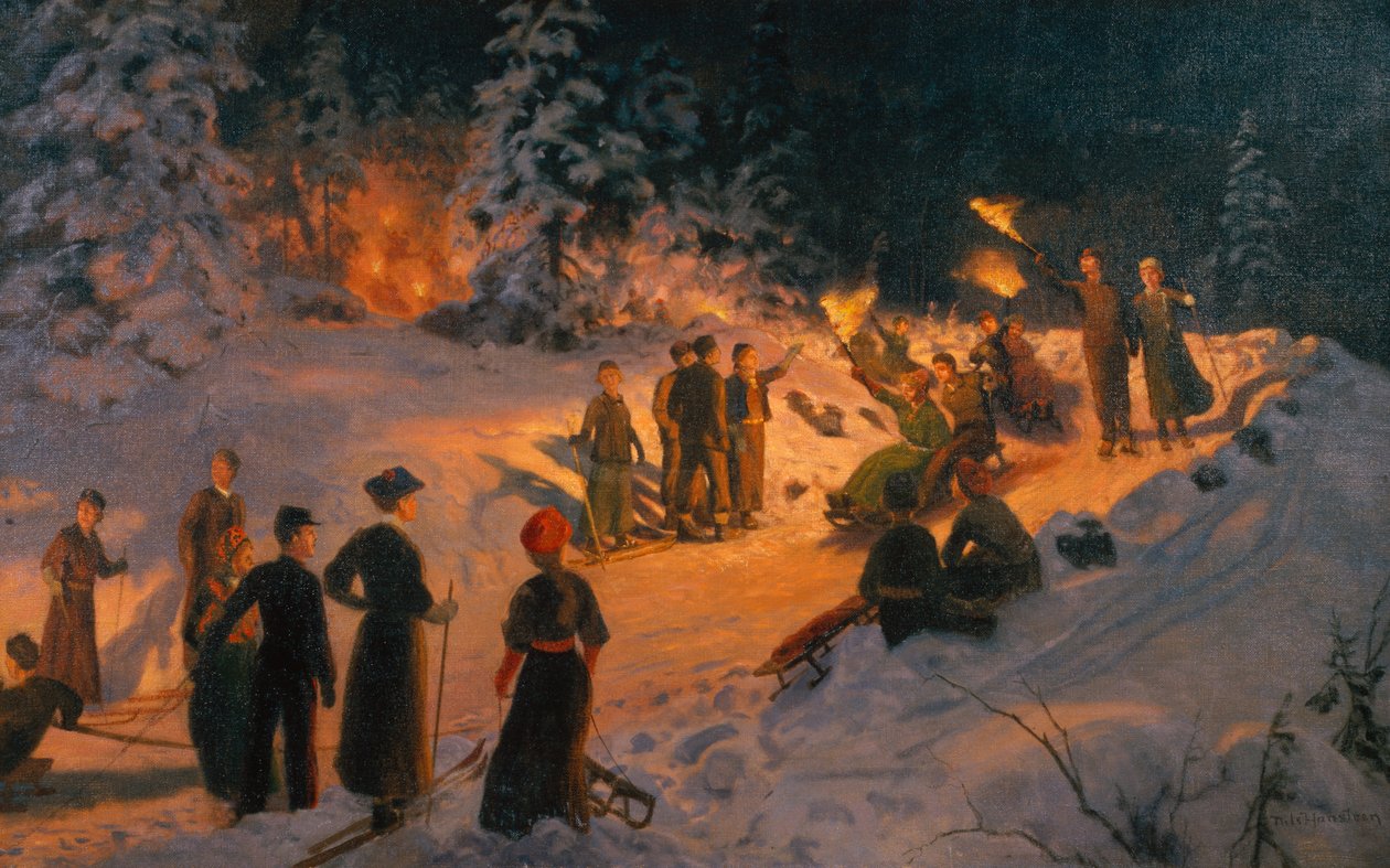Sáňkování s hořící pochodní v Korketrekkeren od Nils Hansteen