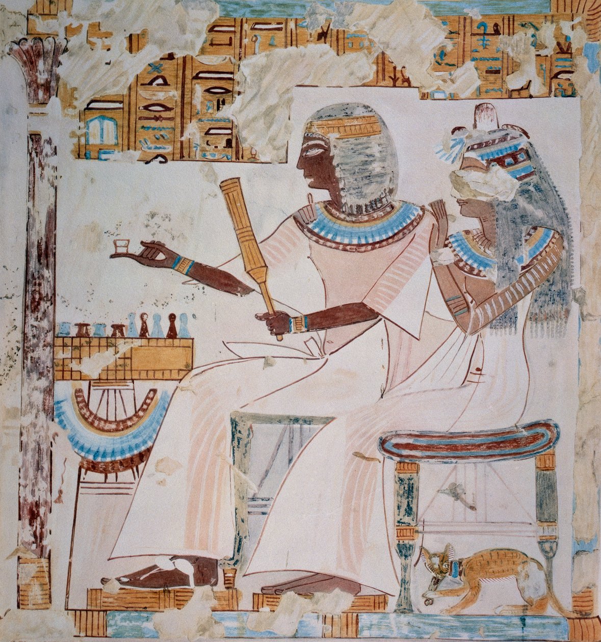 Neferrompet a jeho žena hrají šachy, kopie fresky z Neferrompetovy hrobky v Thébách z doby vlády Ramsese II., deska z knihy Ancient Egyptian Paintings, autor: Nina Davies od Nina de Garis Davies