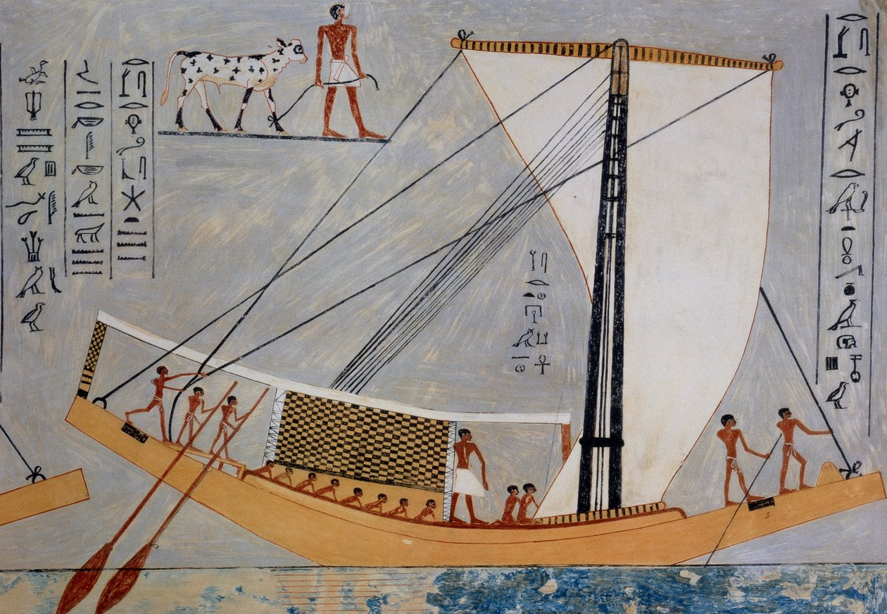 Plachetnice a vesla, kopie fresky z hrobky Kaemroncha VI, Gíza, 4. dynastie, deska z knihy Ancient Egyptian Paintings, autor: Nina Davies od Nina de Garis Davies