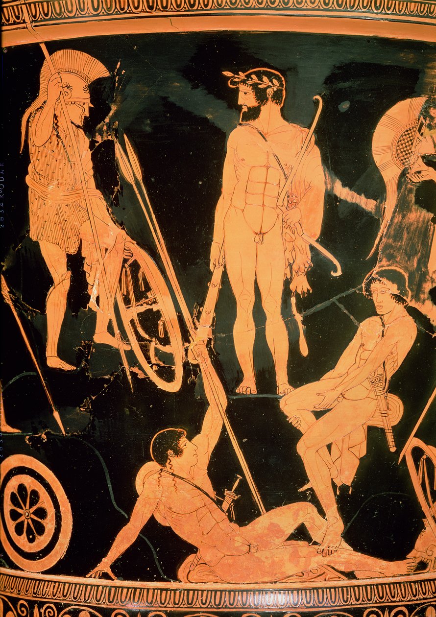 Herakles a řečtí hrdinové, detail z attického červeného kalicha-krateru, kolem 490 př. n. l. (keramika) (viz také 92577 a 19106) od Niobid Painter