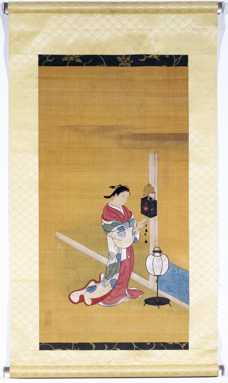 Japonka natahující nástěnné hodiny, období Edo (1600-1868) 1700-50 (malované hedvábí) od Nishikawa Sukenobu