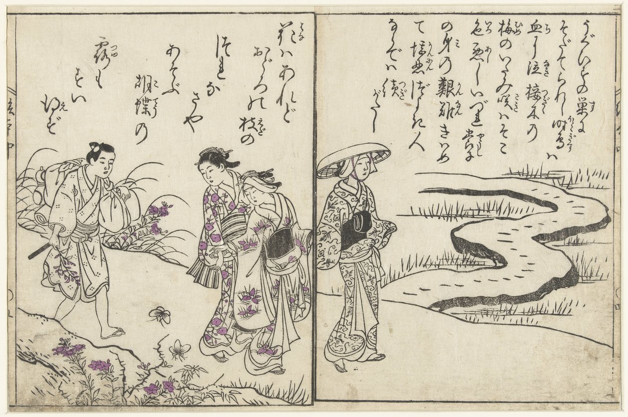 Turisté v krajině s květinami od Nishikawa Sukenobu (attributed to)