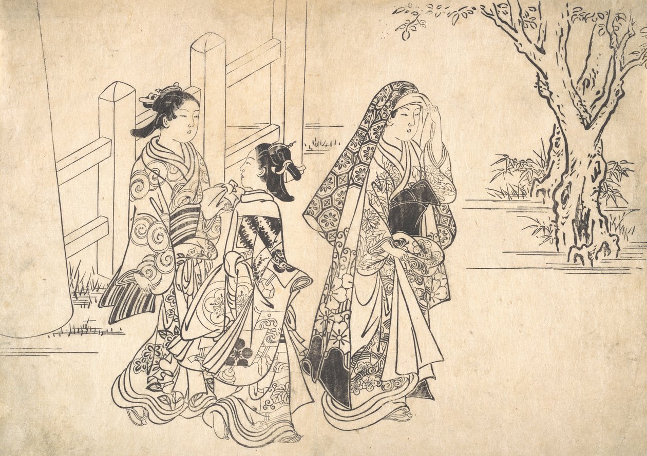 Kurtizána následovaná dvěma průvodkyněmi, ca. 1690-1751. od Nishikawa Sukenobu