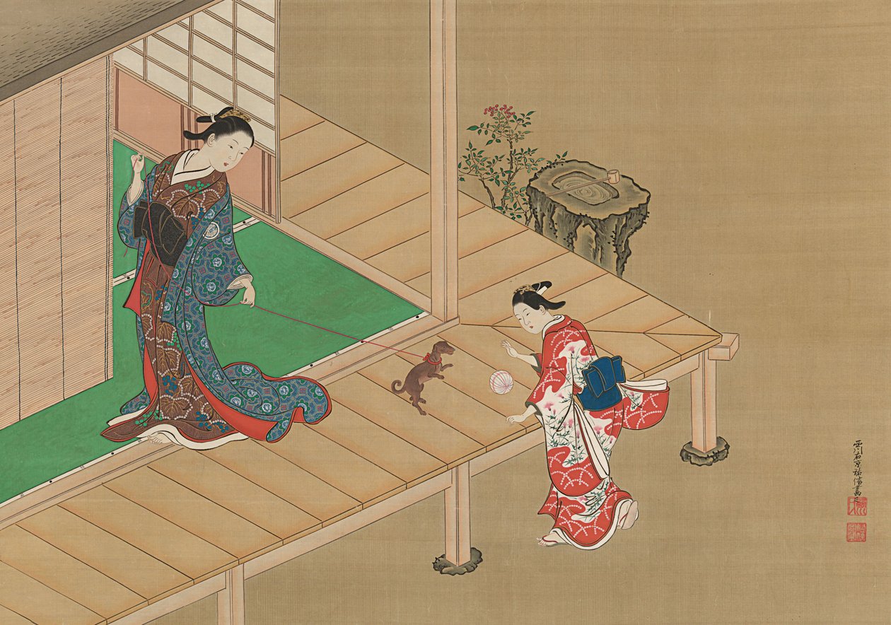 Kurtizána a průvodčí si hrají se psem, ca. 1716-1736. od Nishikawa Sukenobu