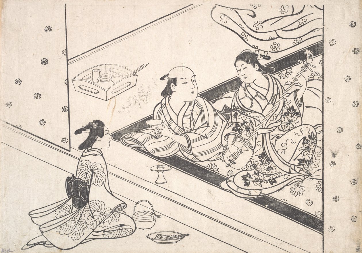 Dáma hrající Shamisen se svým milencem a doprovodem poblíž. od Nishikawa Sukenobu