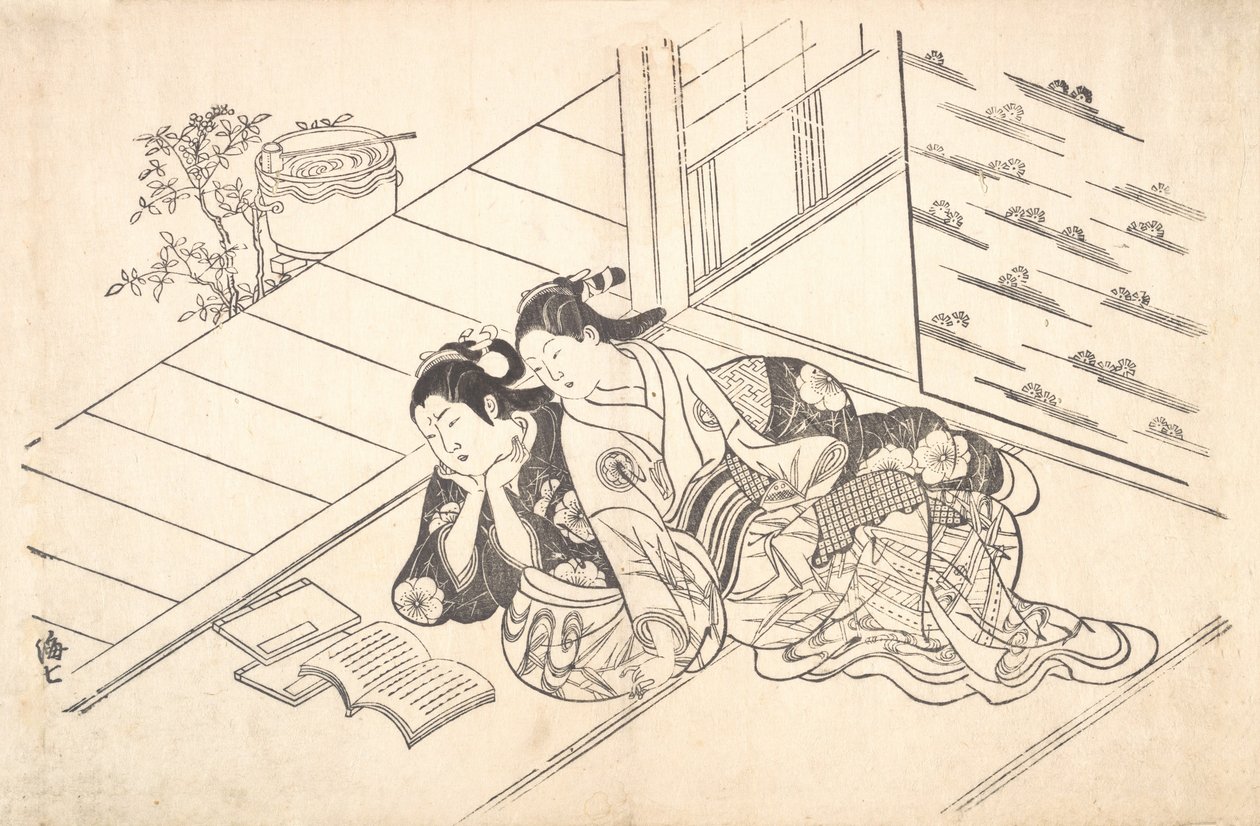 Dvě ženy ležící na podlaze pokoje a čtoucí knihu, ca. 1730, ca. 1730. od Nishikawa Sukenobu