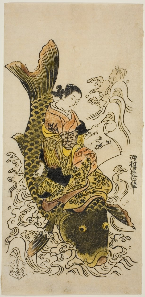 Kurtizána Riding a Carp (parodie na taoistického Immortal Kinko [čínsky: Qin Gao]) od Nishimura Shigenaga