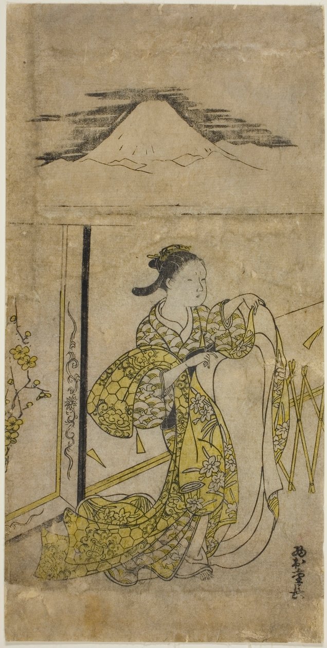Žena držící kimono s horou Fuji nahoře od Nishimura Shigenaga