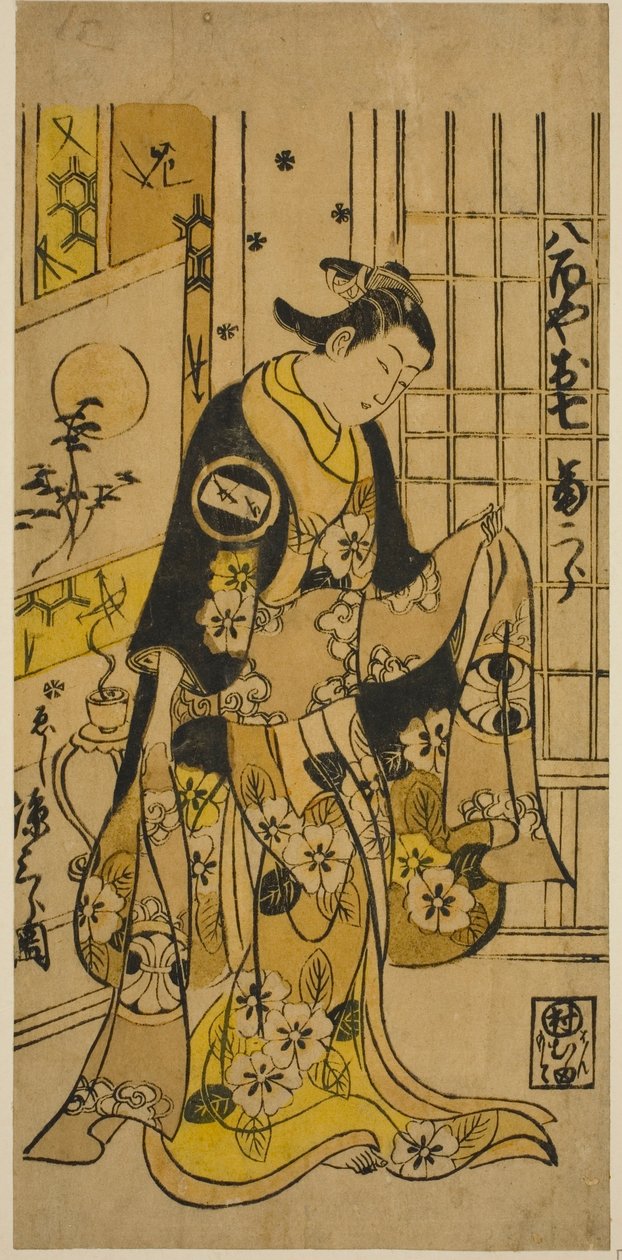 Herec Segawa Kikujiro I jako Oshichi ve hře „Shochikubai Kongen Soga“ hrál v divadle Ichimura ve třetím měsíci, 1732 od Nishimura Shigenobu