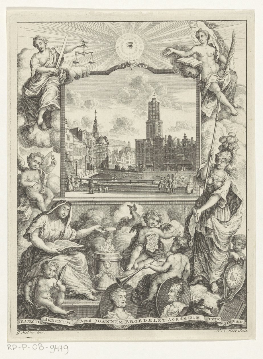 Stadsgezicht met Domkerk te Utrecht en allegorie met Utrechtse stedenmaagd Titulní stránka: Elias de Vries, Dissertatio juridica, de jure naturale ac gentium, seu duobus prioribus juris fontibus, 1745. od Noach van der Meer (I)
