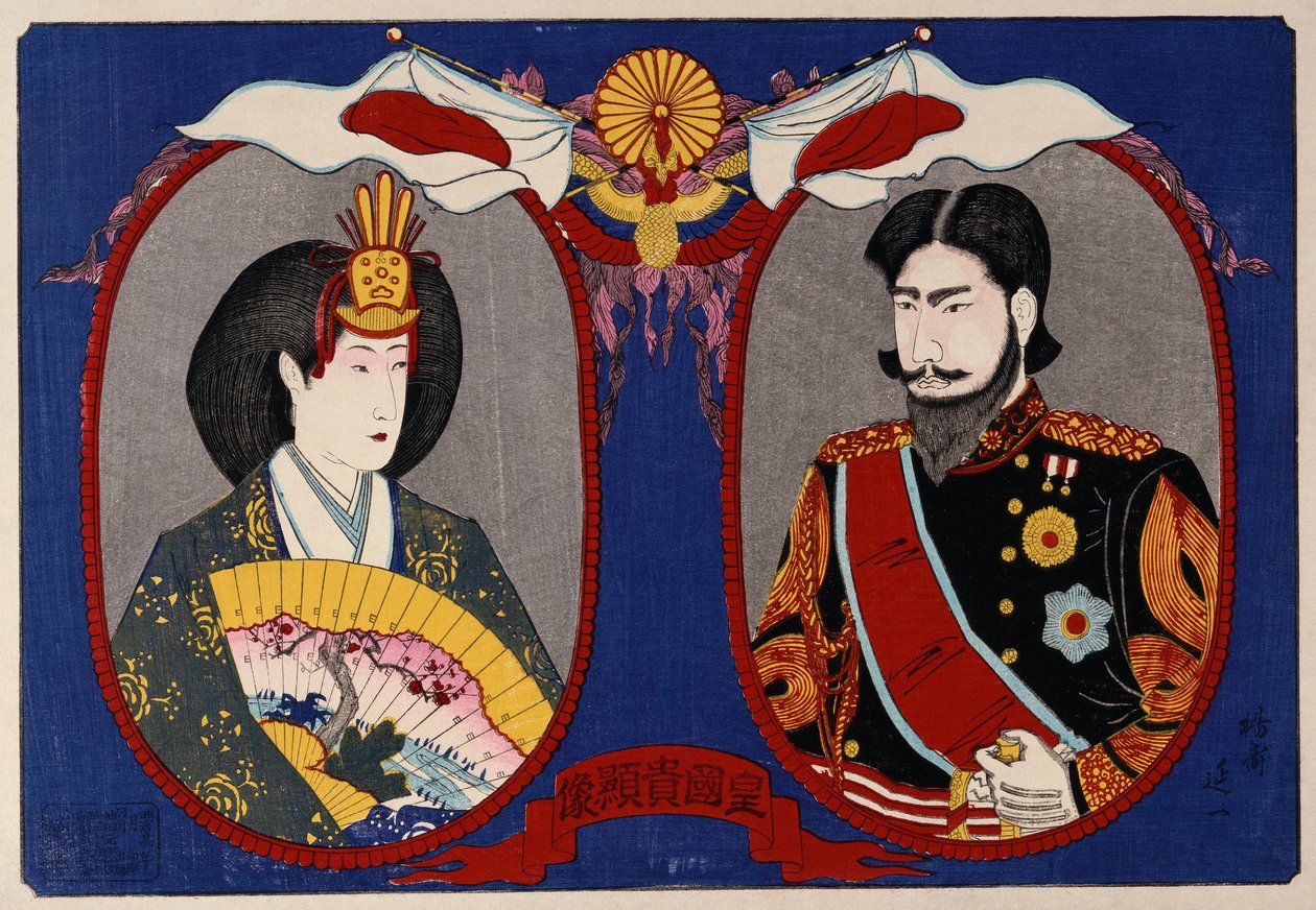 Portréty jejich císařských veličenstev, císaře a císařovny Meiji (barevný dřevotisk) od Nobukazu Watanabe