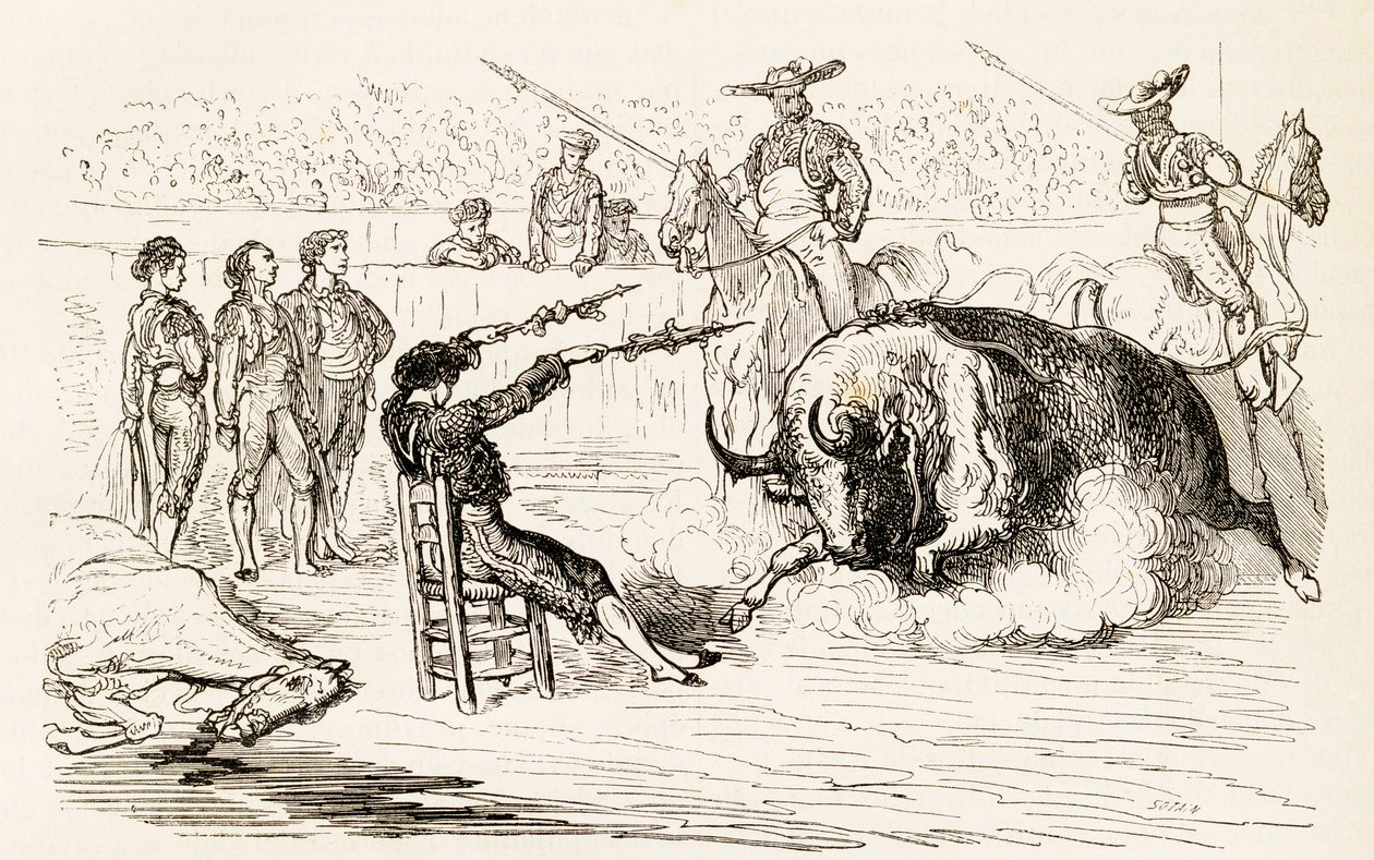 Španělský Banderillero, když sedí Banderillas v křesle, 1878 (dřevoryt) od Noel Eugene Sotain