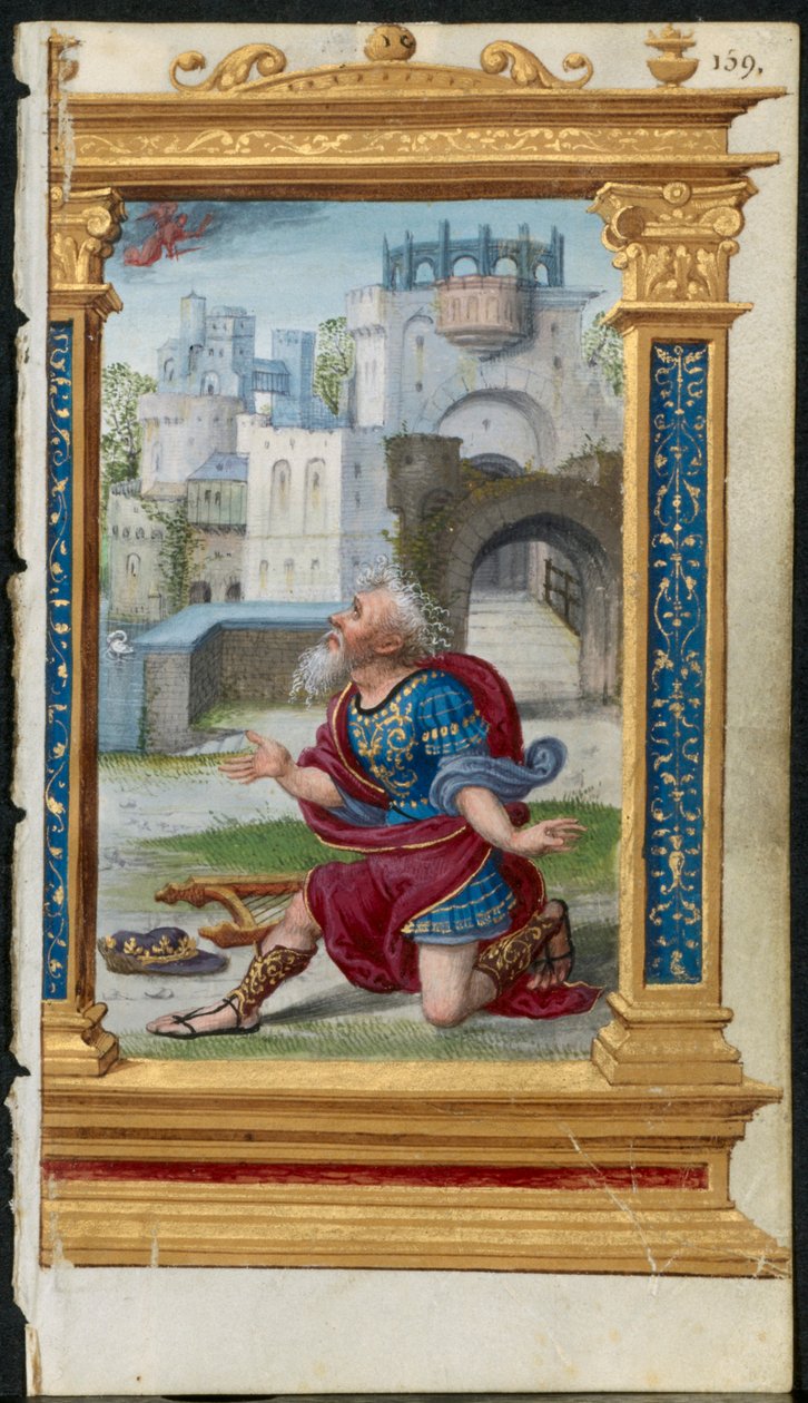 List z knihy hodin: Král David v modlitbě 2 ze 3 vyříznutých listů, c. 1530-35. od Noel Bellemare