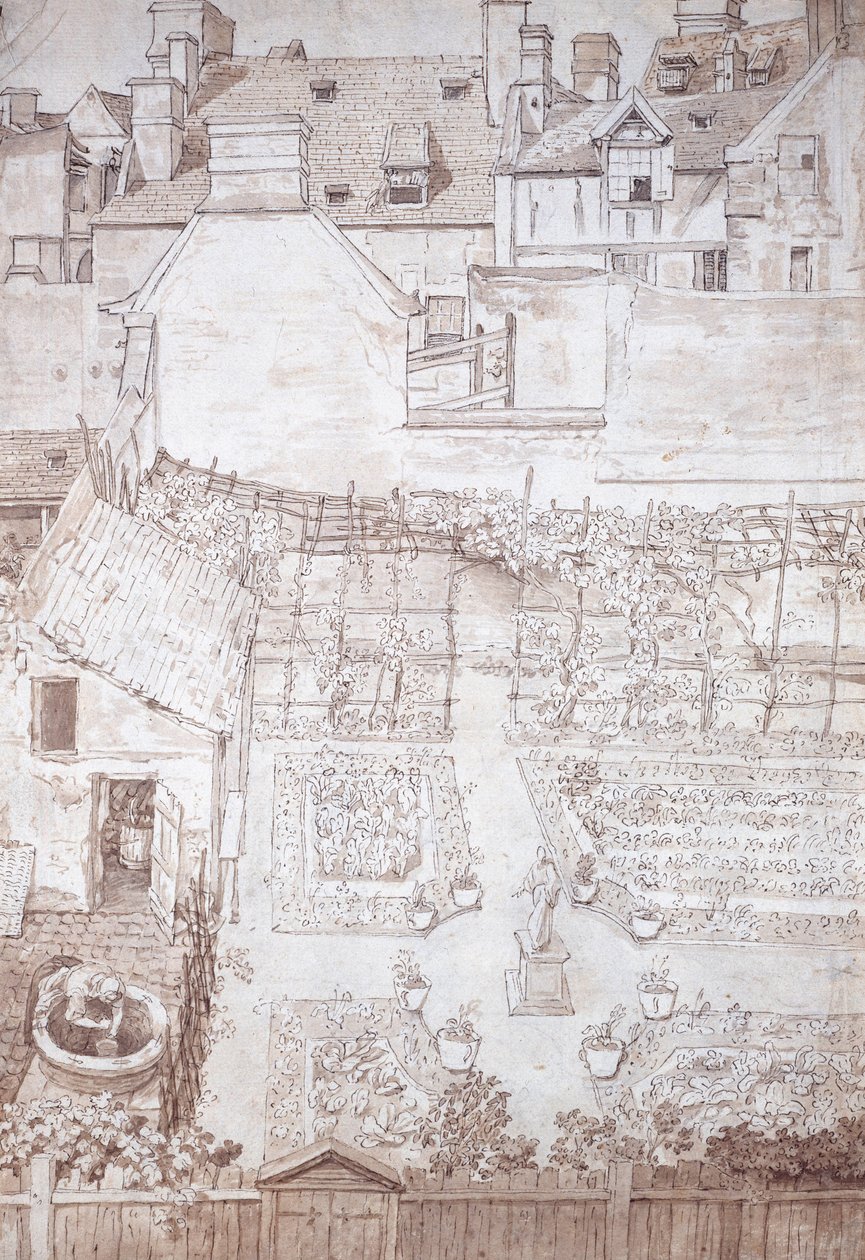 Zahrada městského domu s partery a vinnou pergolou, obklopená budovami, cca 1677 (pero a hnědý inkoust s hnědým praním) od Noel Gasselin