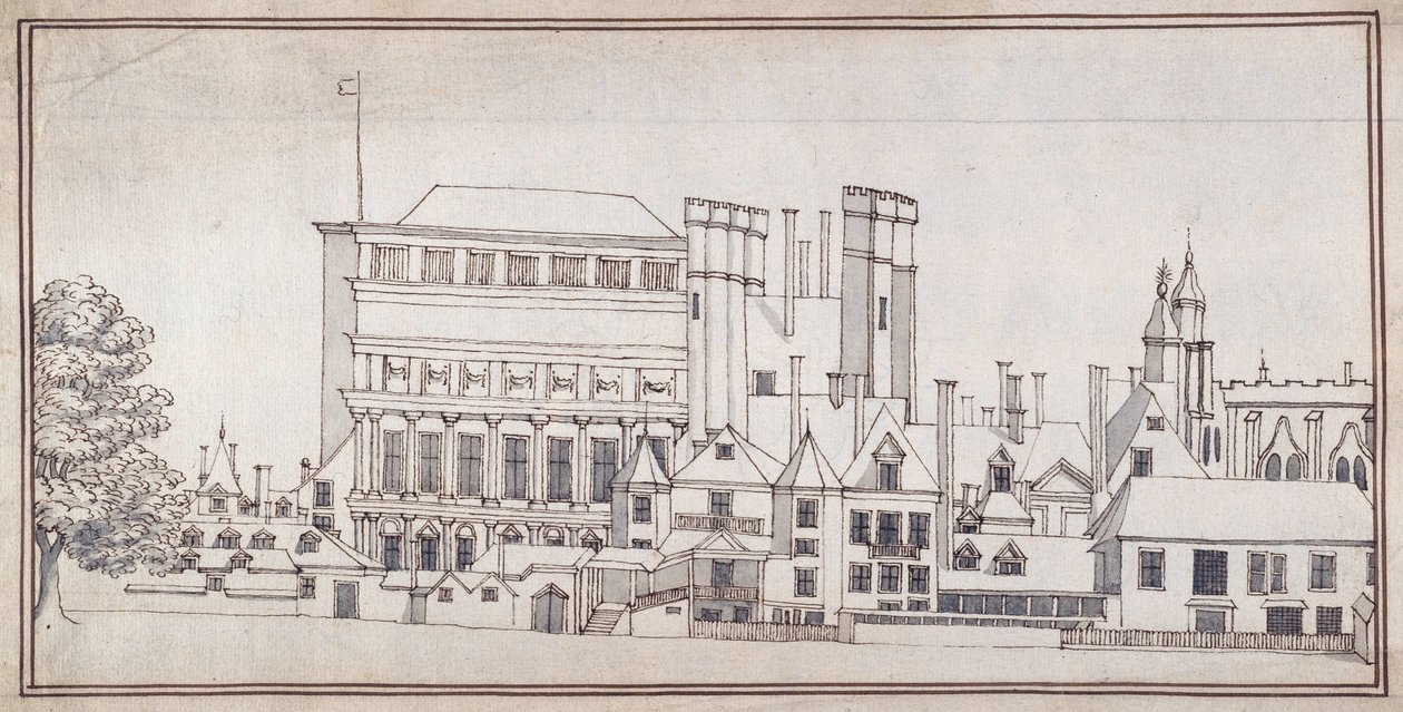 Whitehall s Holbeinovou bránou a banketním domem Inigo Jonese, kolem roku 1677 (pero a hnědý inkoust s šedým praním) od Noel Gasselin