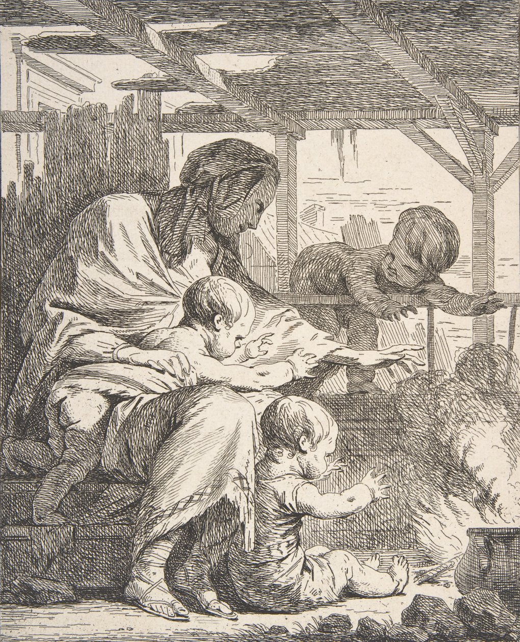 Rodina ohřívající si ruce u ohně, 18. stol., 18. stol. od Noel Halle