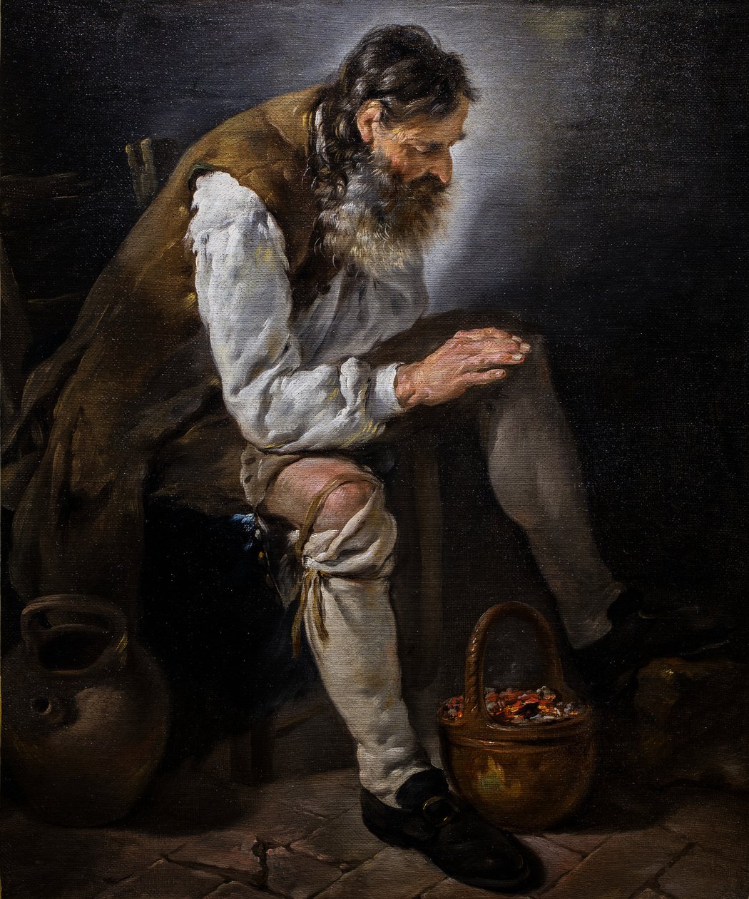 Zima. Starý muž si hřeje ruce u ohniště, asi 1747 (olej na plátně) od Noel Halle