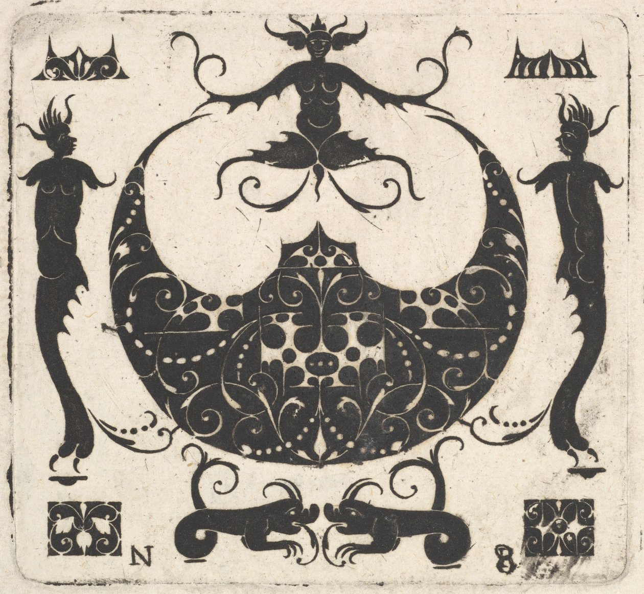 Lunárně tvarovaný prstencový rámeček a groteskní postavy, ca. 1620-30. od Noel Rouillard