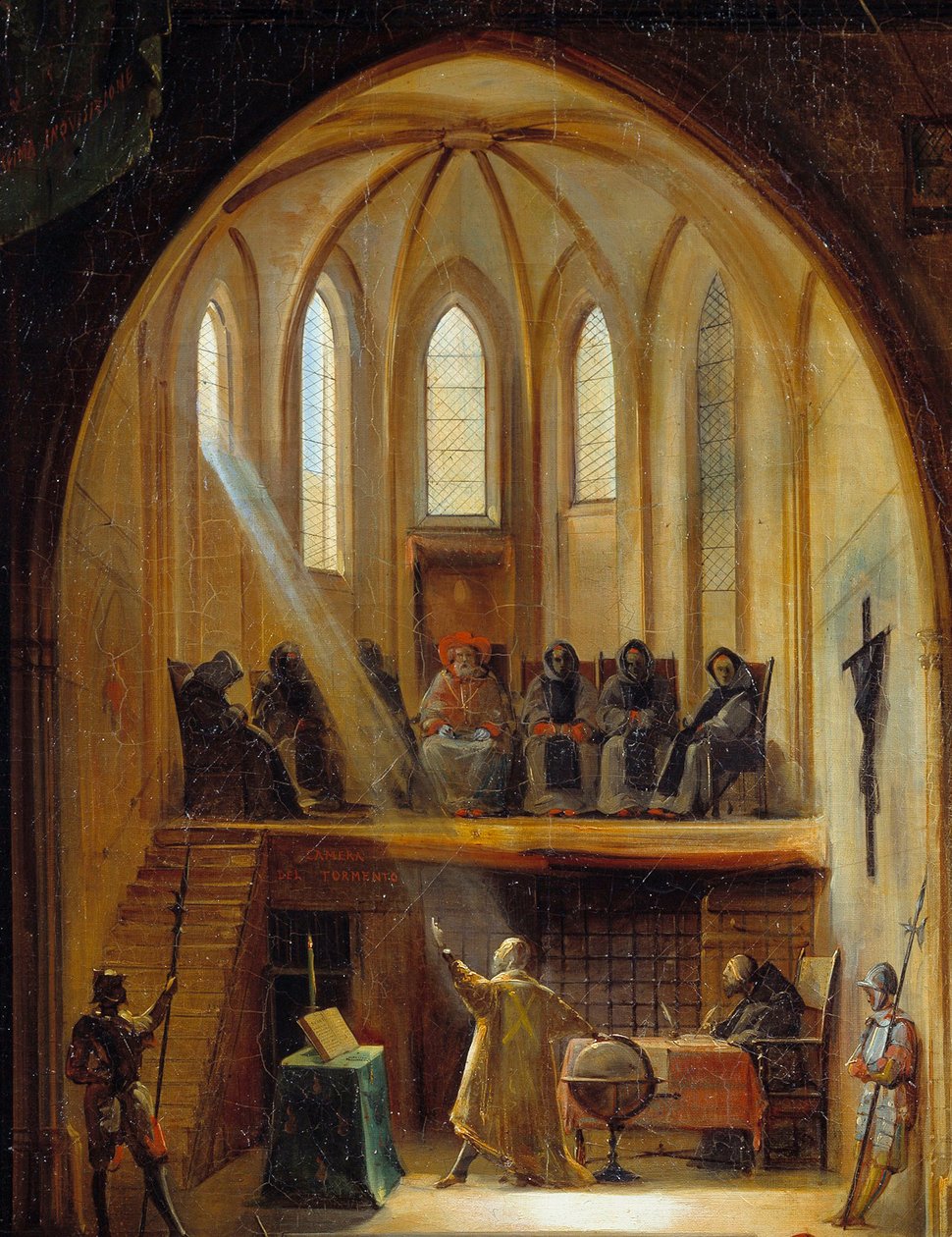 Detail „“ Galilee (1564-1642) před inkvizičním tribunálem“ Italský astronom Galileo Galilei byl v roce 1633 odsouzen za svou práci na obhajobě teorie heliocentrického modelu vesmíru Koperníka. Obraz Josepha Cleriana (1796-1842 od Noel Thomas Joseph Clerian