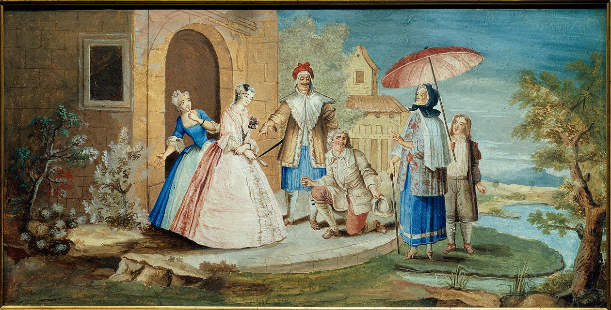 Komik a dramatik Jean Baptiste Poquelin dit Moliere (jedno koleno k zemi) a jeho komici v díle Georges Dandin ou le mari zmatený“““ v roce 1668. Christmas Painting Coypel (1628-1707) Kolekce 1668 Jacques Lorcey od Noël Coypel
