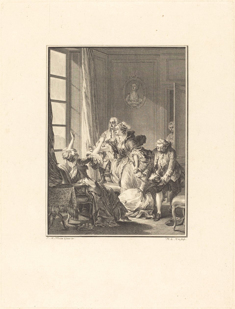 Julie omdlí v křesle od Noël Le Mire after Jean Michel Moreau