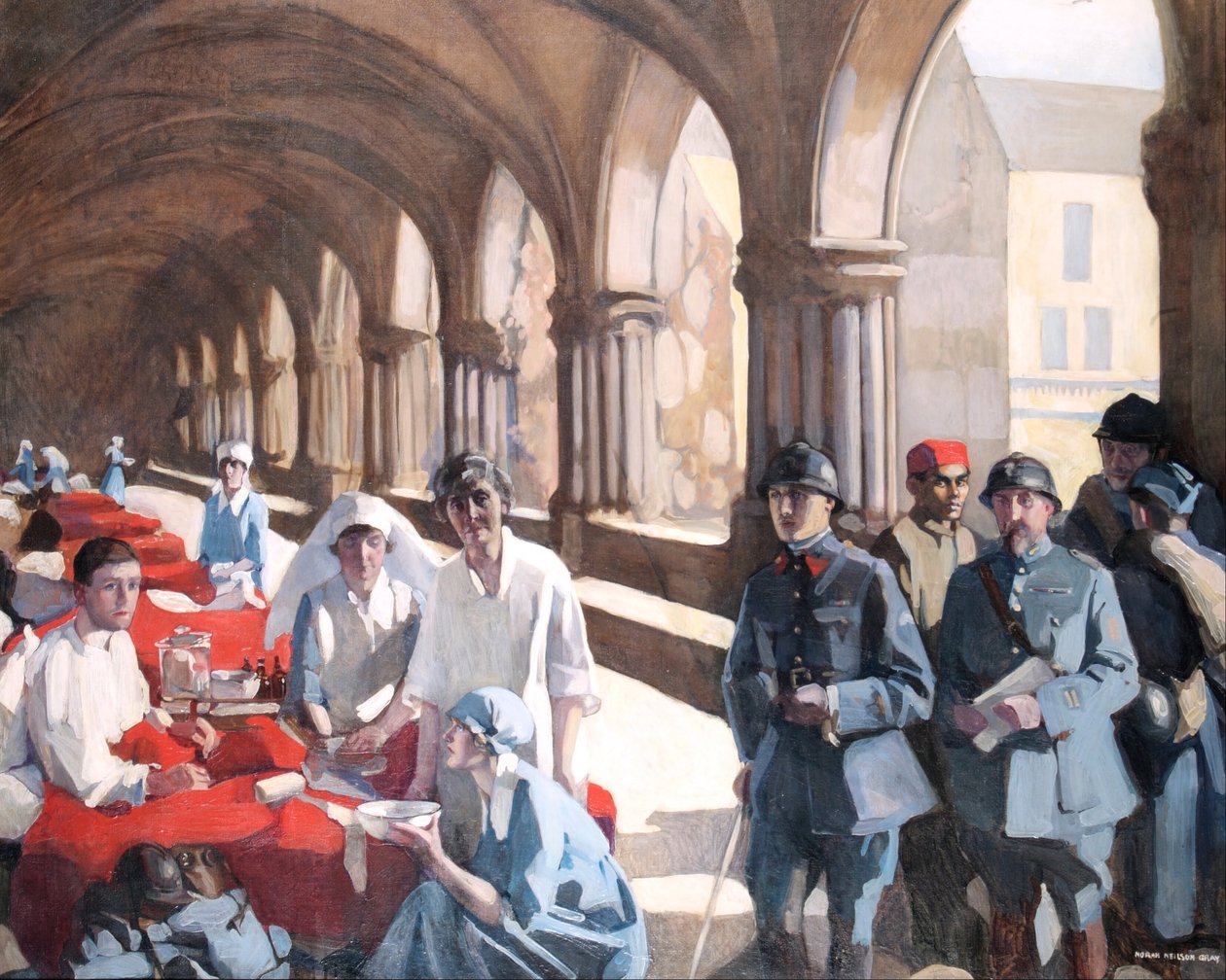 V křížové chodbě opatství v Royaumontu. Doktorka Frances Ivensová kontroluje francouzského pacienta. od Norah Neilson Gray