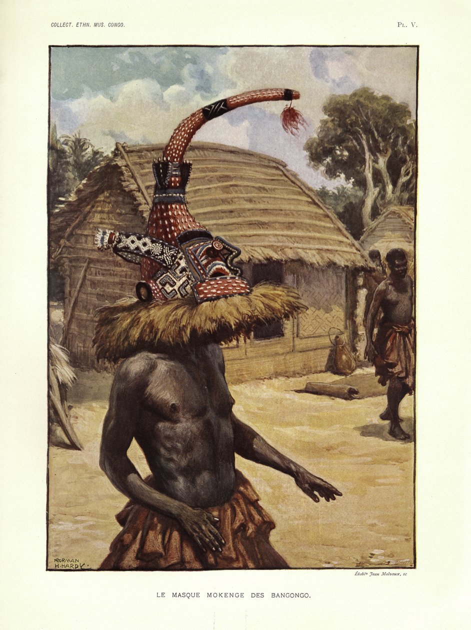 Maska Mokenge of Bangongo, ilustrace z „Etnografických poznámek o národech běžně nazývaných Bakuba...“, od Emila Tordaye od Norman Hardy