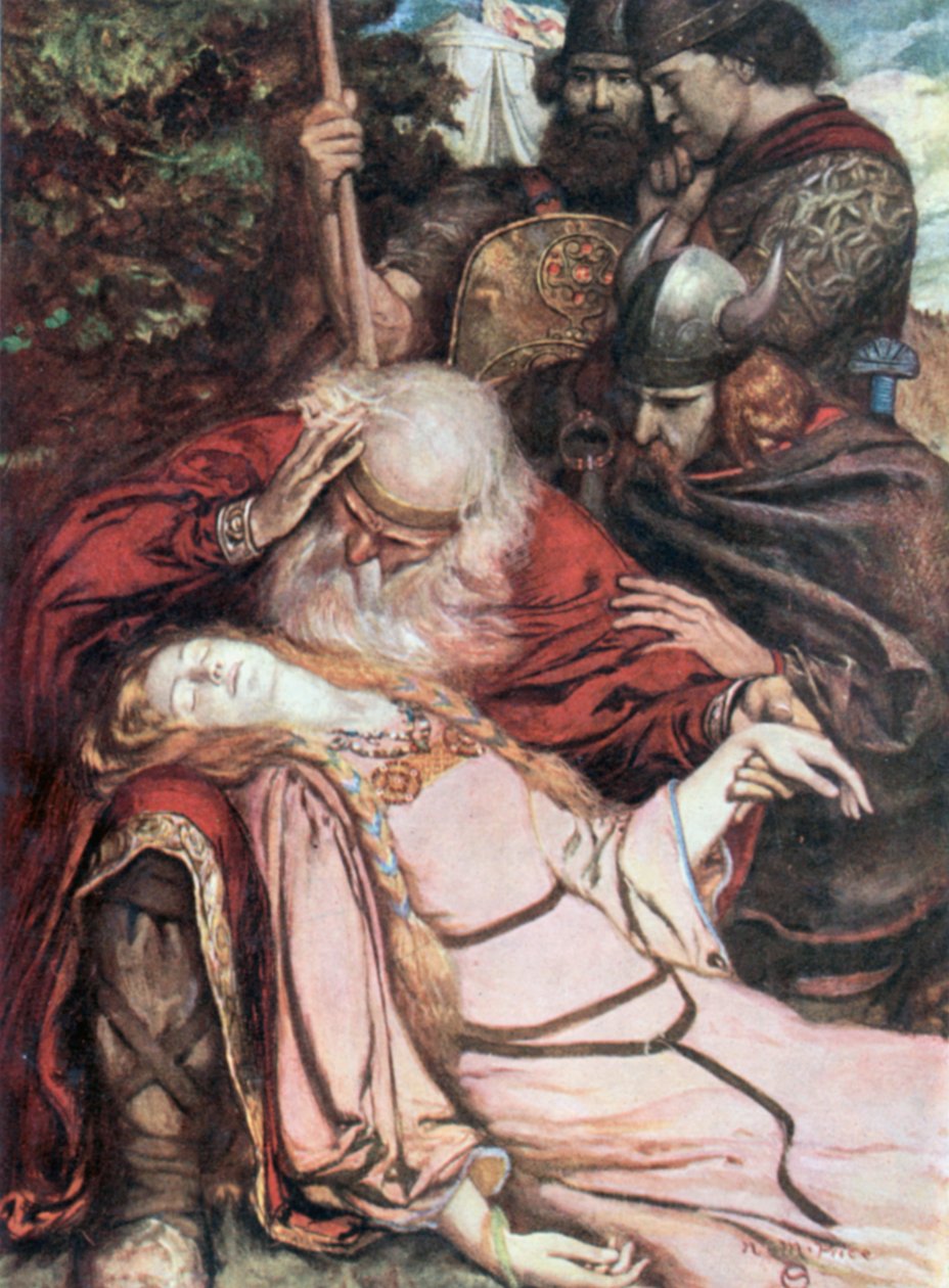 Lear, "Cordelie, Cordelie". Král Lear - V. dějství, 3. scéna (barevná litografie) od Norman Mills (after) Price
