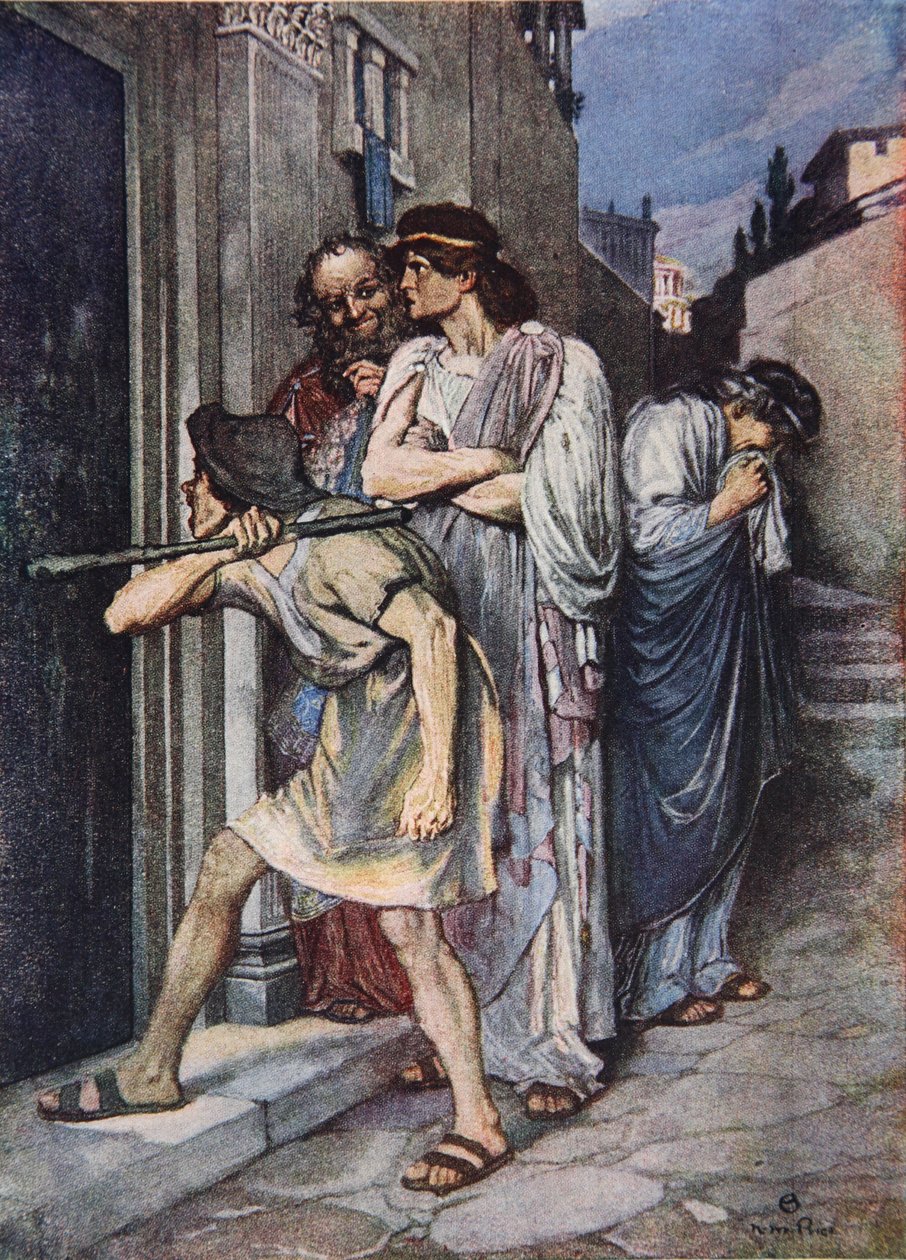 „Pust my Master in“, The Comedy of Errors, Act III Scéna 1, ilustrace z „Tales from Shakespeare“ od Charlese a Mary Lambových od Norman Mills (after) Price