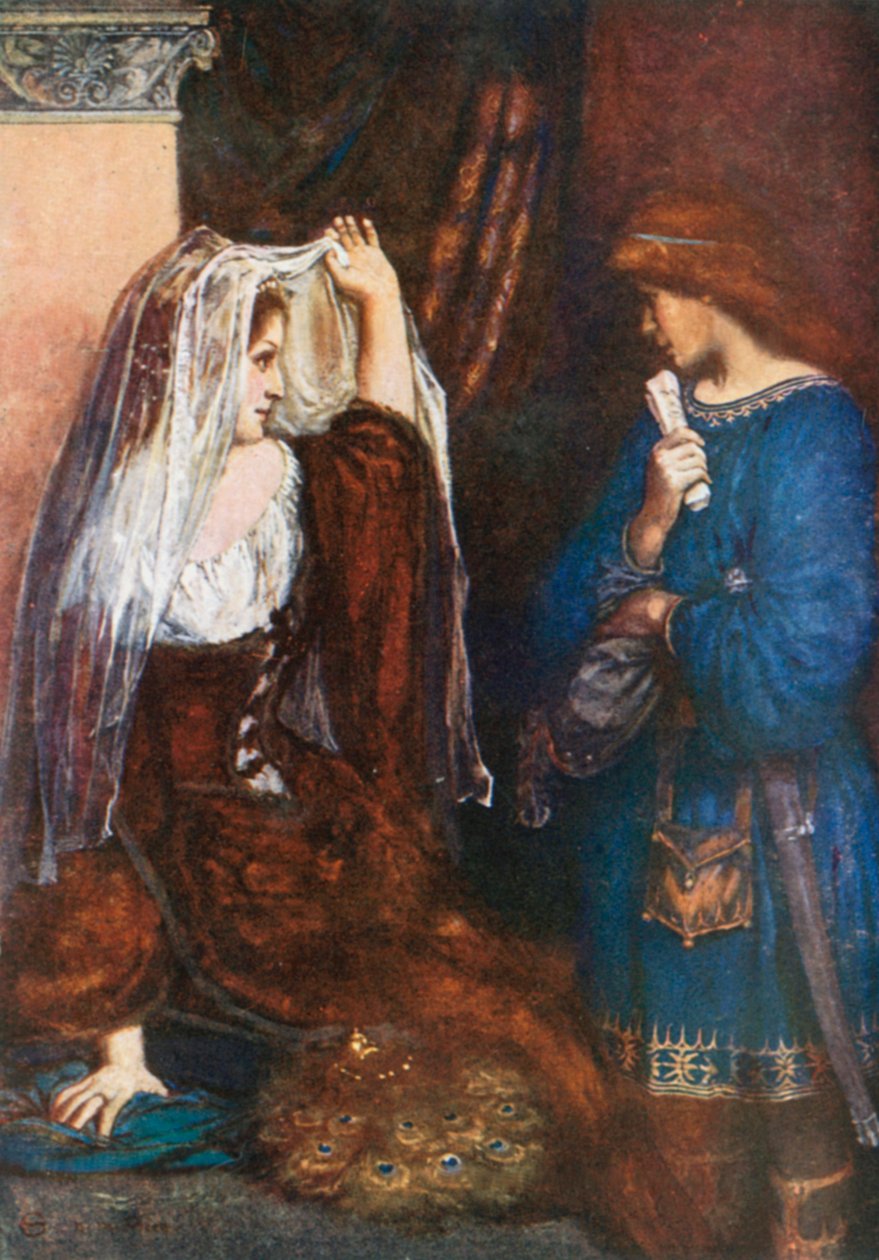 Olivia: "Ale my vám zatáhneme oponu a ukážeme obraz". Dvanáctá noc - 1. dějství, 5. scéna (barevná litografie) od Norman Mills (after) Price