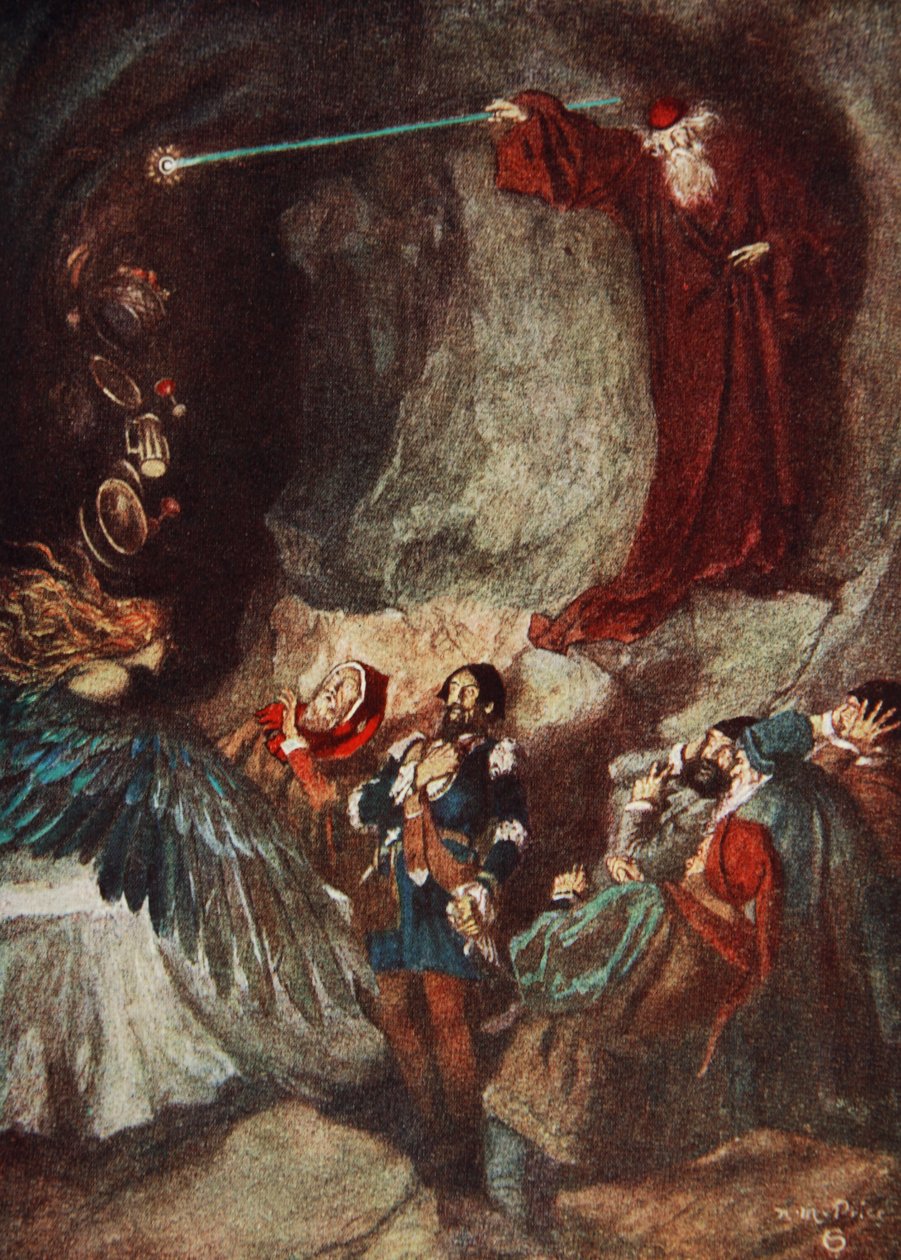 The Feast zmizela, The Bouře Act III, Scéna 3, ilustrace z „Tales from Shakespeare“ od Charlese a Mary Lambových od Norman Mills (after) Price