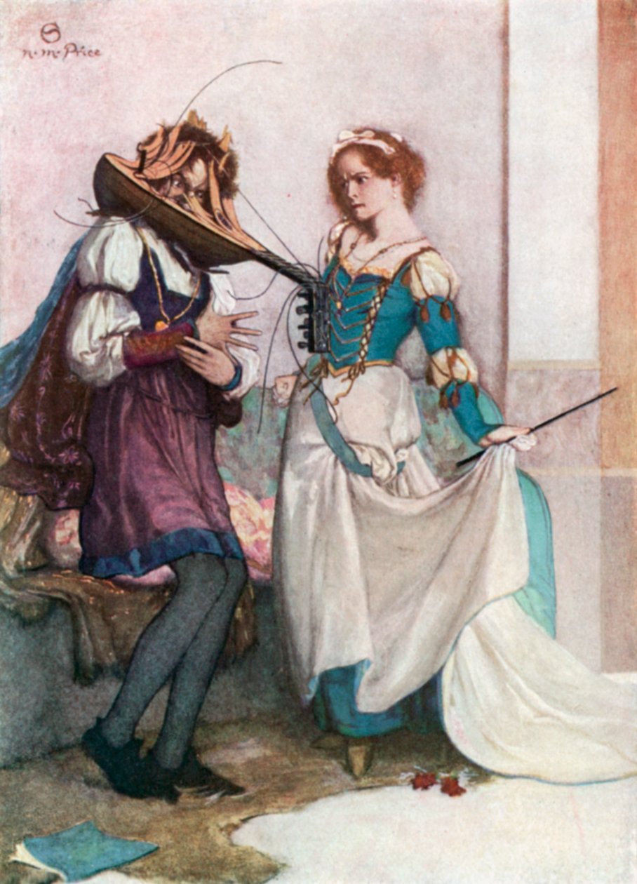 Něžná Kateřina. Zkrocení zlé ženy - 2. dějství, 1. scéna (barevná litografie) od Norman Mills (after) Price