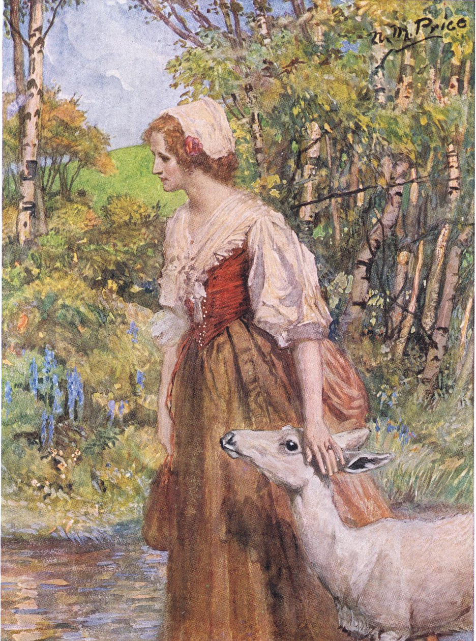 Lily-bílá laň vyskočila a položila hlavu do dívčiny ruky, ilustrace z „The Children