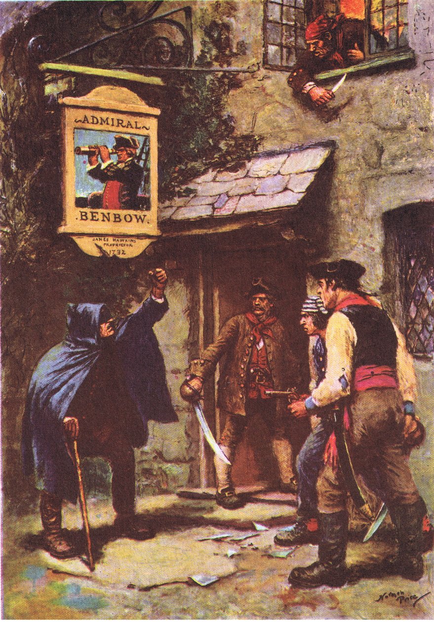 Muž se vyklonil v měsíčním světle, z Ostrova pokladů, vydané nakladatelstvím MacDonald 1947 (barevné lito) od Norman Mills Price